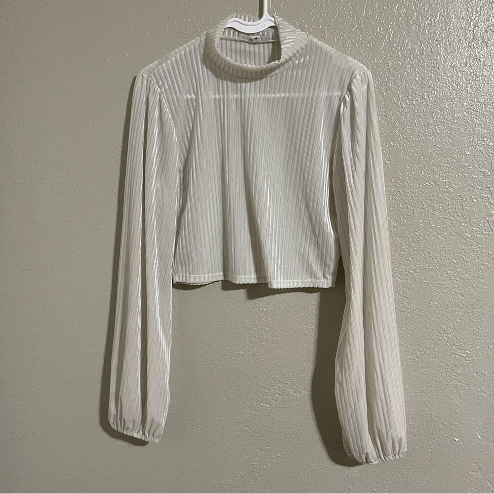 Hashtag in Trend Elegant Cream Long Sleeve Women's Medium Crop Top Sheer Stripes